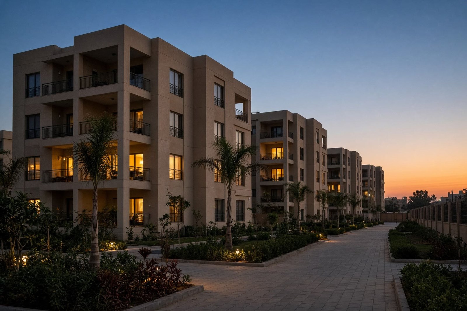 A residential compound at dusk