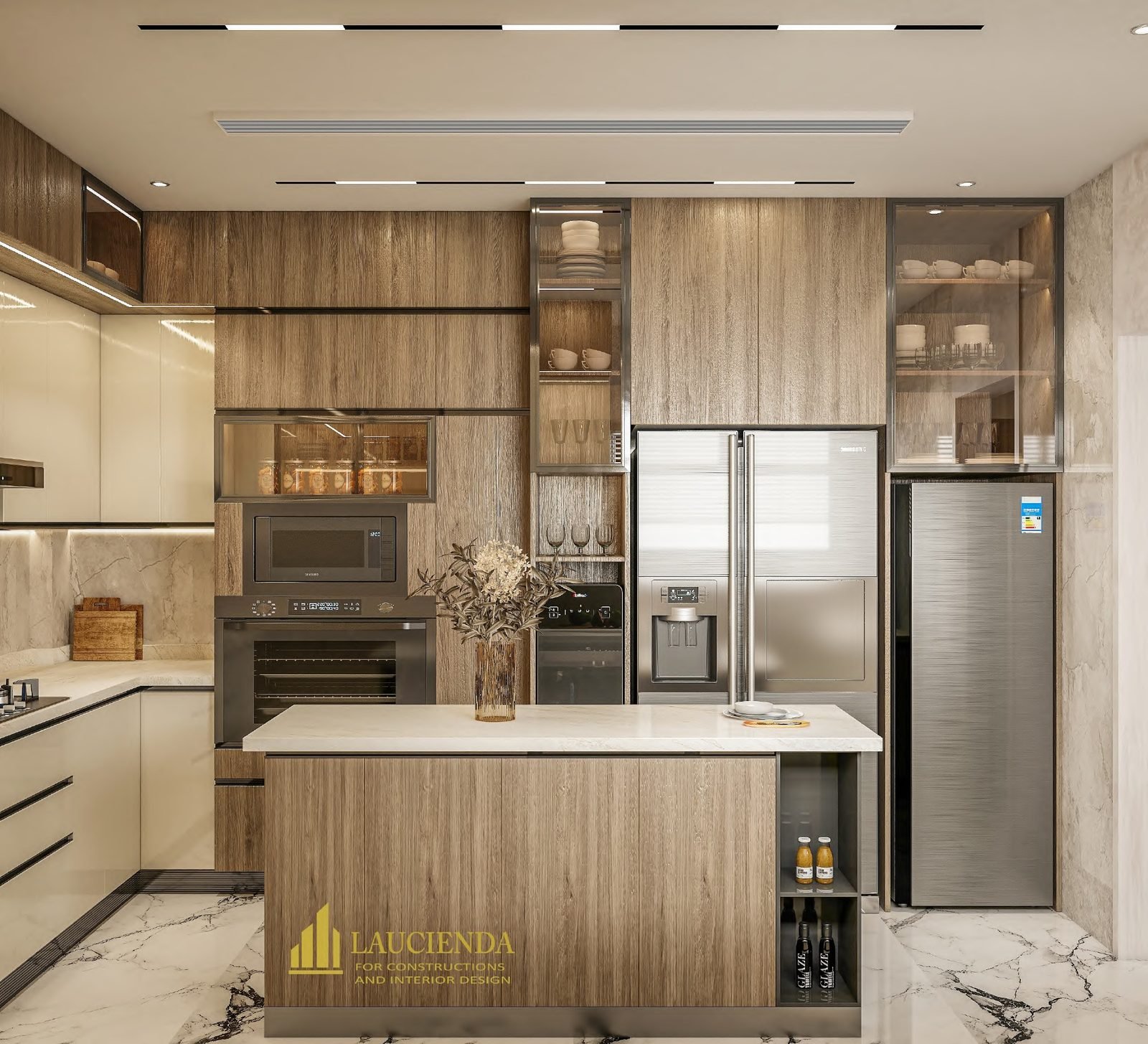 3D design of a kitchen with wood cabinets and an island