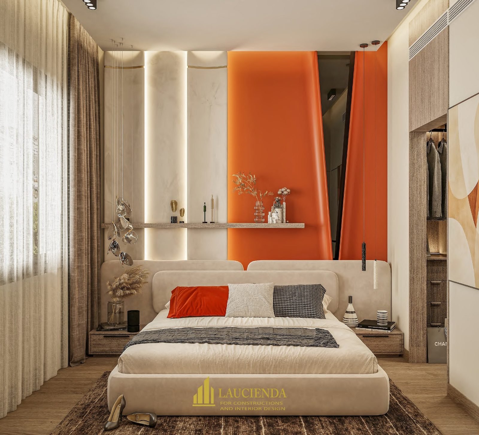 3D design of a bedroom with an orange panel behind the bed