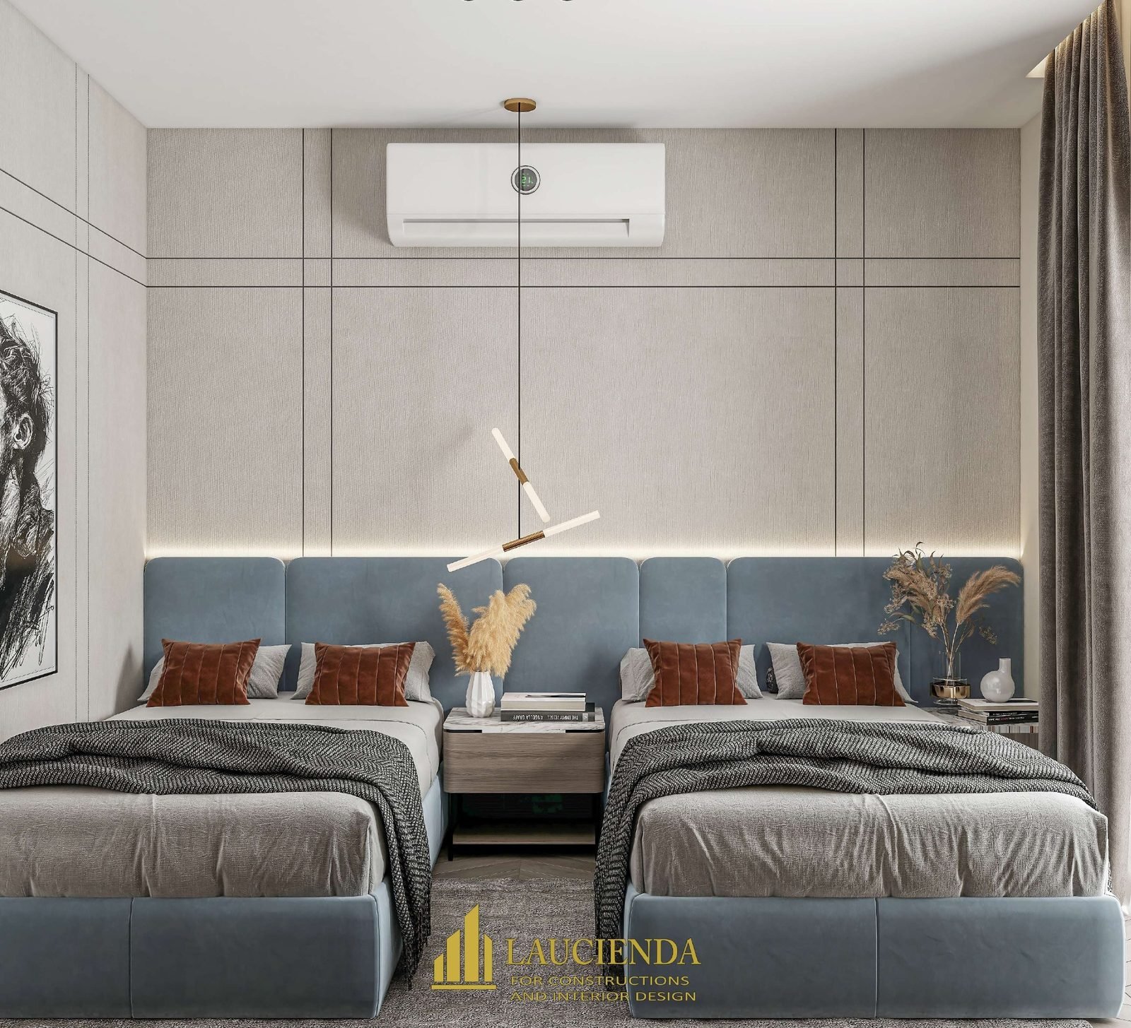 3D design of a kids’ bedroom with two beds