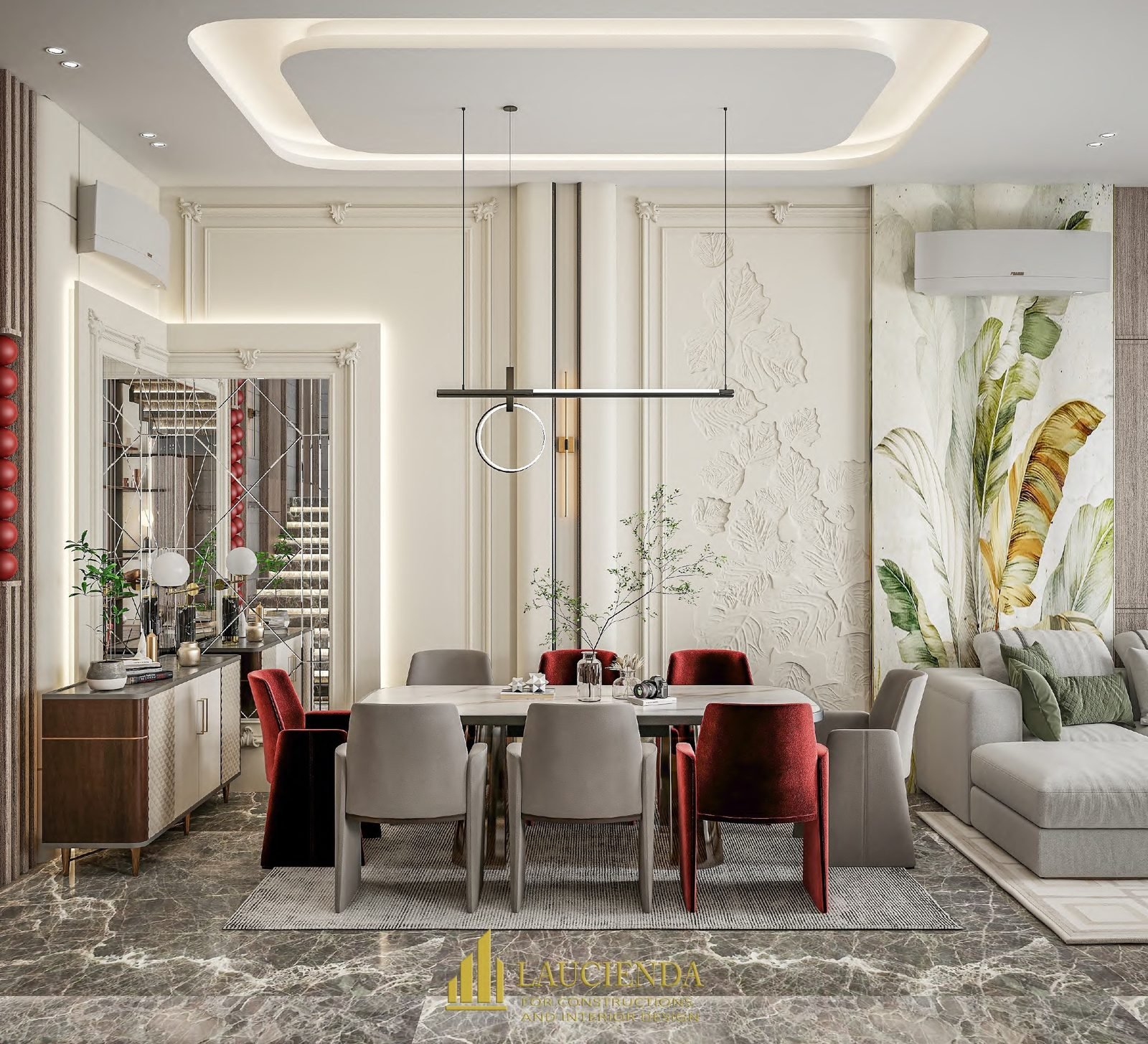 3D design of a dining area beside the seating