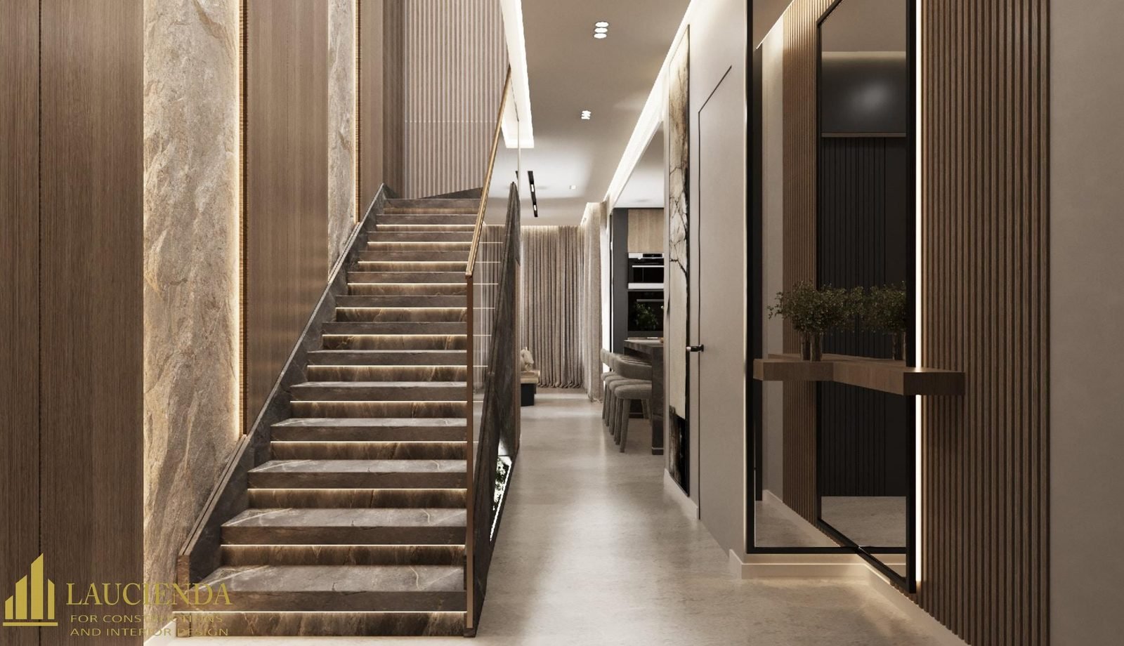 3D design of an indoor staircase with a wood wall