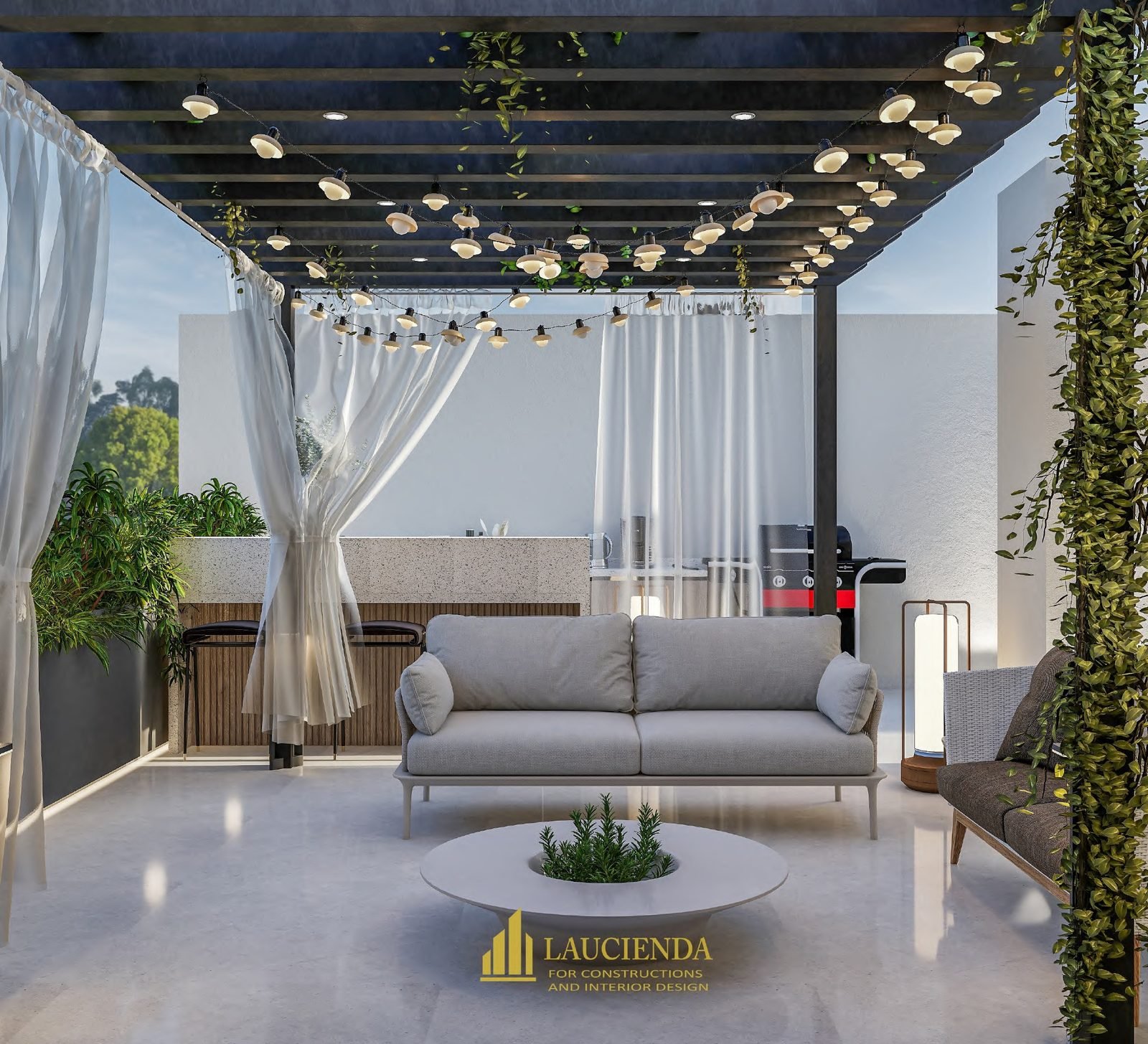 3D design of a roof terrace with a pergola and seating