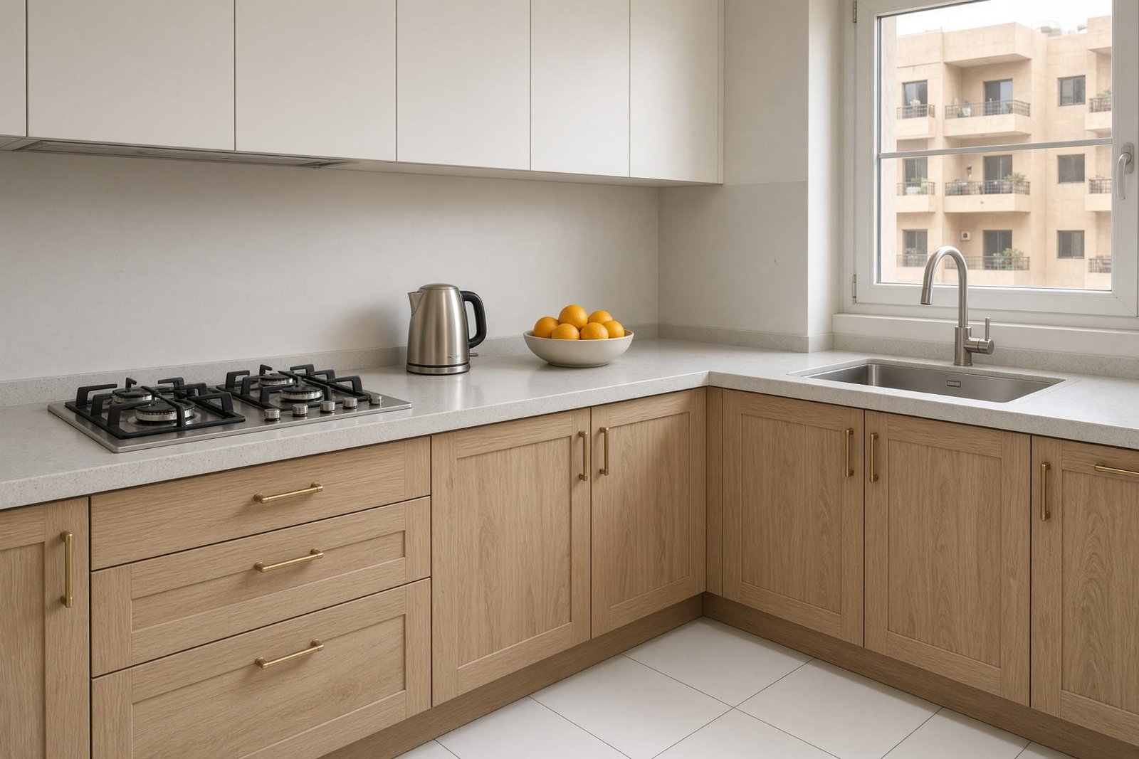 A finished kitchen with light wood cabinets