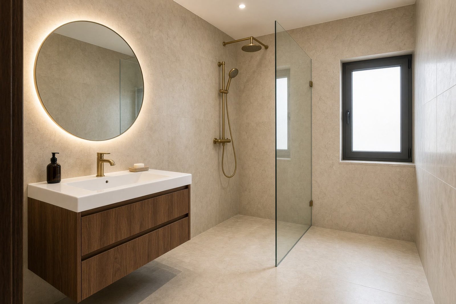 A finished bathroom with a glass shower