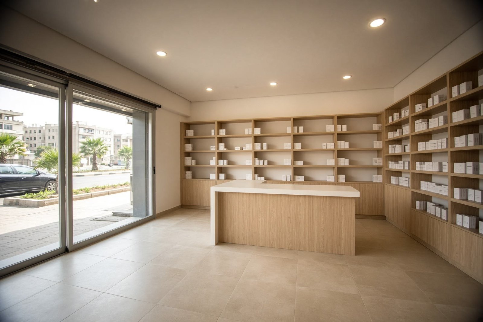 A finished shop with wooden shelving
