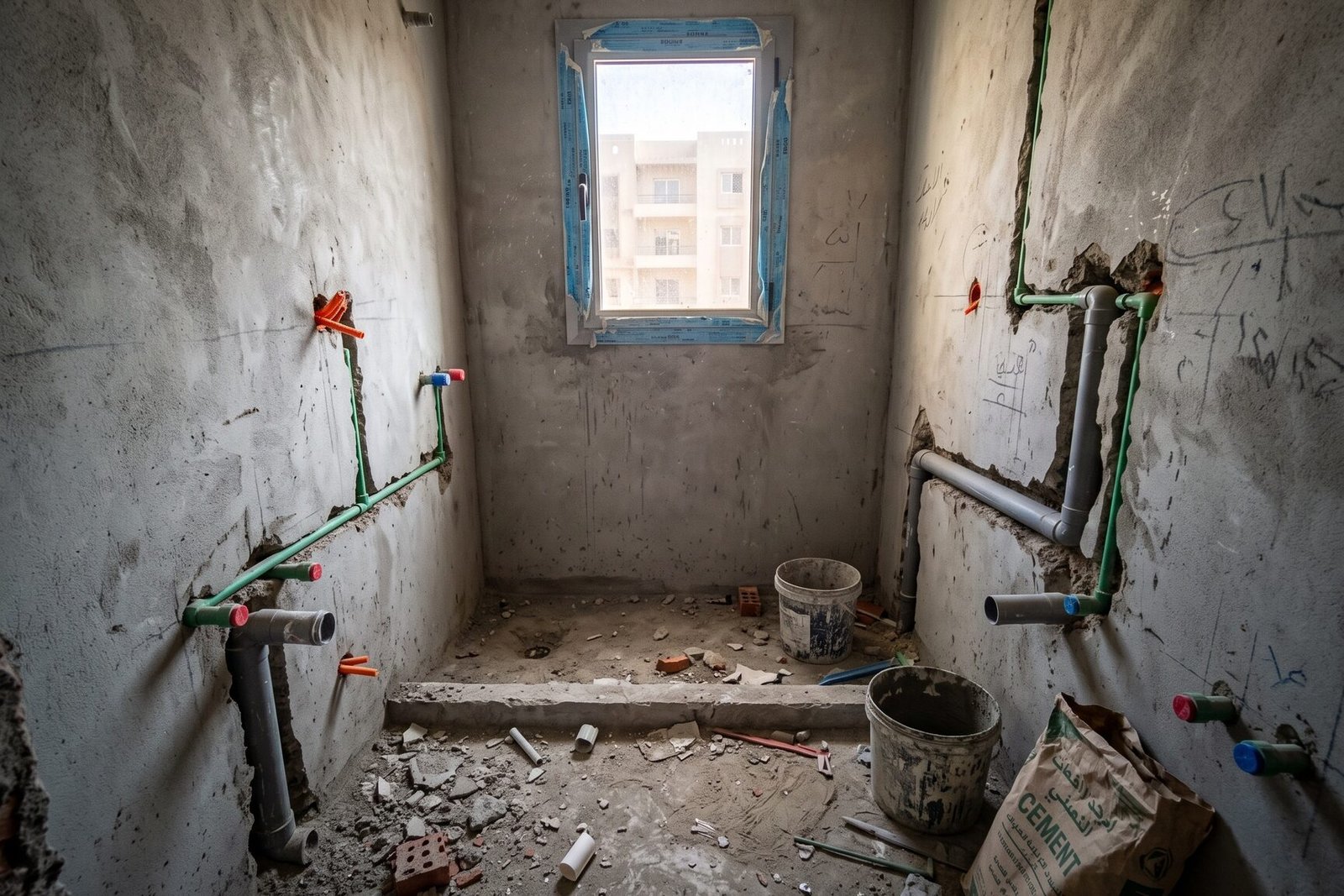 The same bathroom with open pipes, then finished